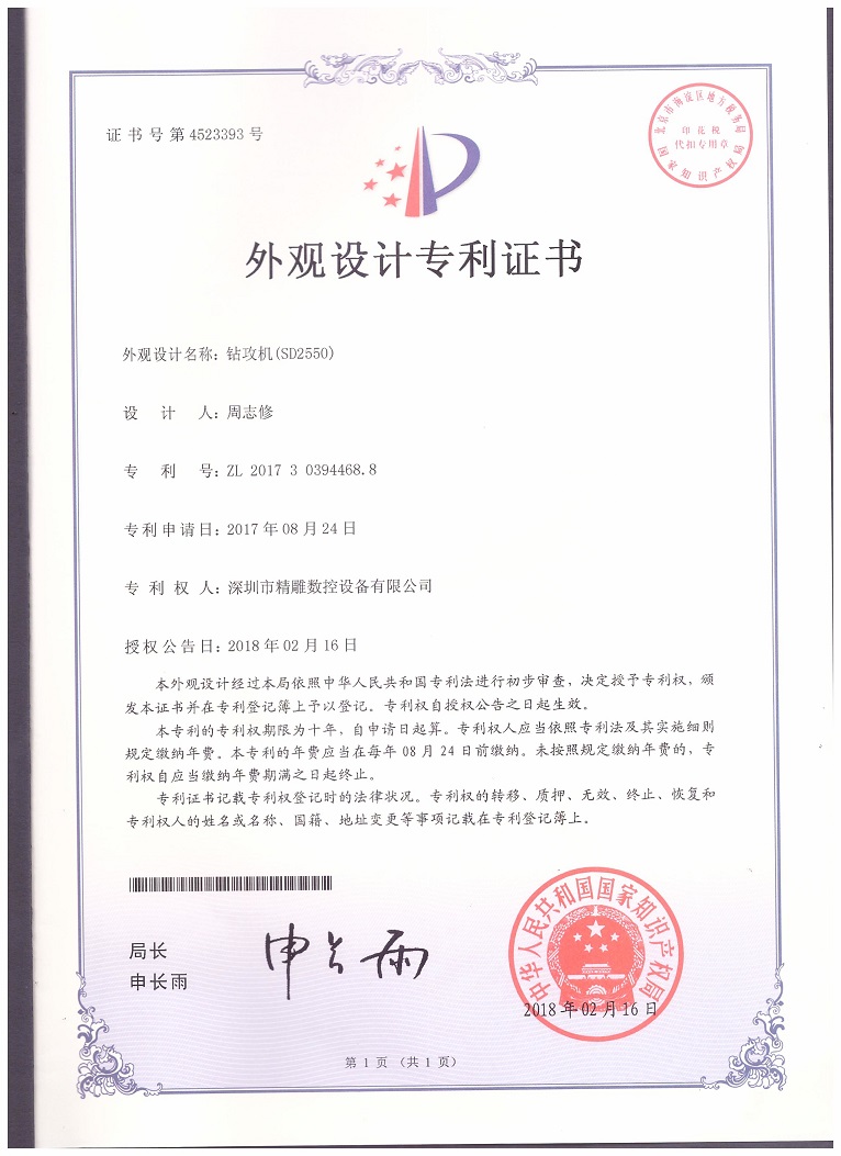 公司2018年取得，大型非標鉆攻機 SD2550外觀設計專利證書。